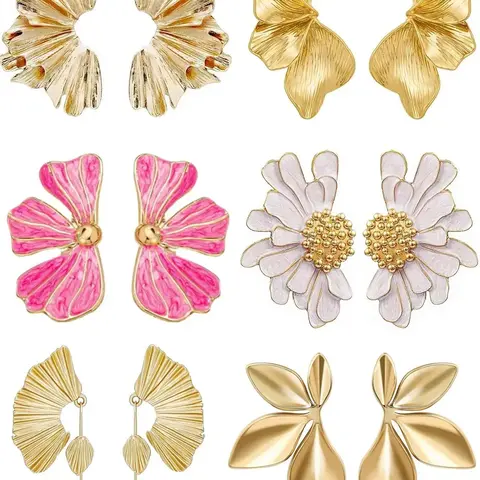 6 Pairs Earring Set Chunky Gold Statement Earrings For Women Gold Plated Sectored Flower Leaf Shell Angel Wing Earrings Large Stud Earrings Hypoallergenic Earrings