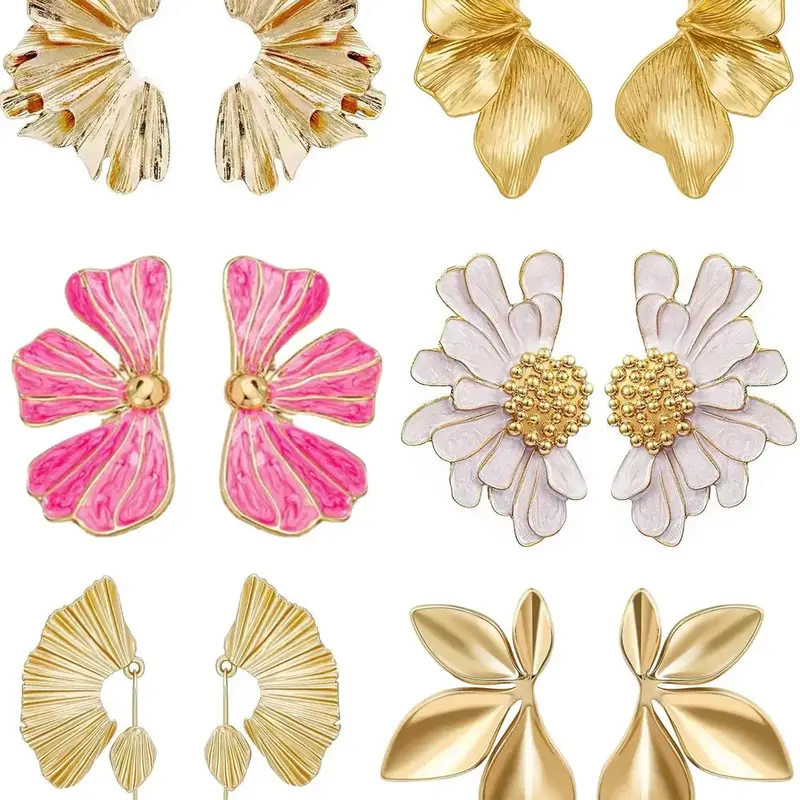 6 Pairs Earring Set Chunky Gold Statement Earrings For Women Gold Plated Sectored Flower Leaf Shell Angel Wing Earrings Large Stud Earrings Hypoallergenic Earrings