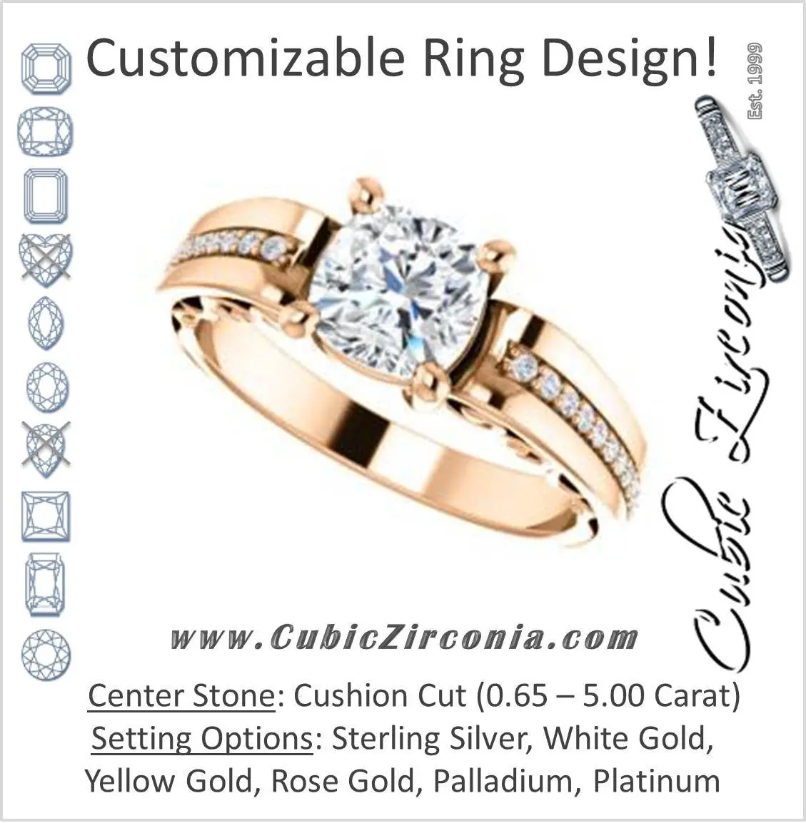 Cubic Zirconia Engagement Ring- The Atia (Customizable Cushion Cut Design with Three-sided Channel Pavé Band)