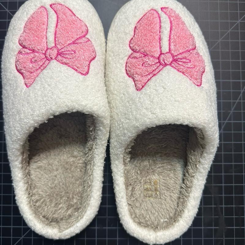Women's Bowknot Slippers - Winter Warm Fuzzy Slip-On House Shoes with Cute Bow and Cartoon Pattern - Footwear, Walking Shoes