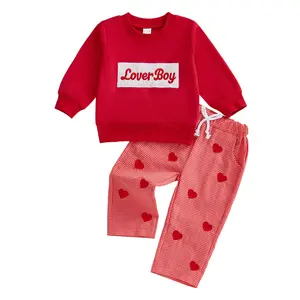 Toddler Baby Boys Valentines Outfits Lover Boy Long Sleeve Letters Embroidery Pullover Tops Sweatshirt with Plaid Pants 2Pcs Clothing Set
