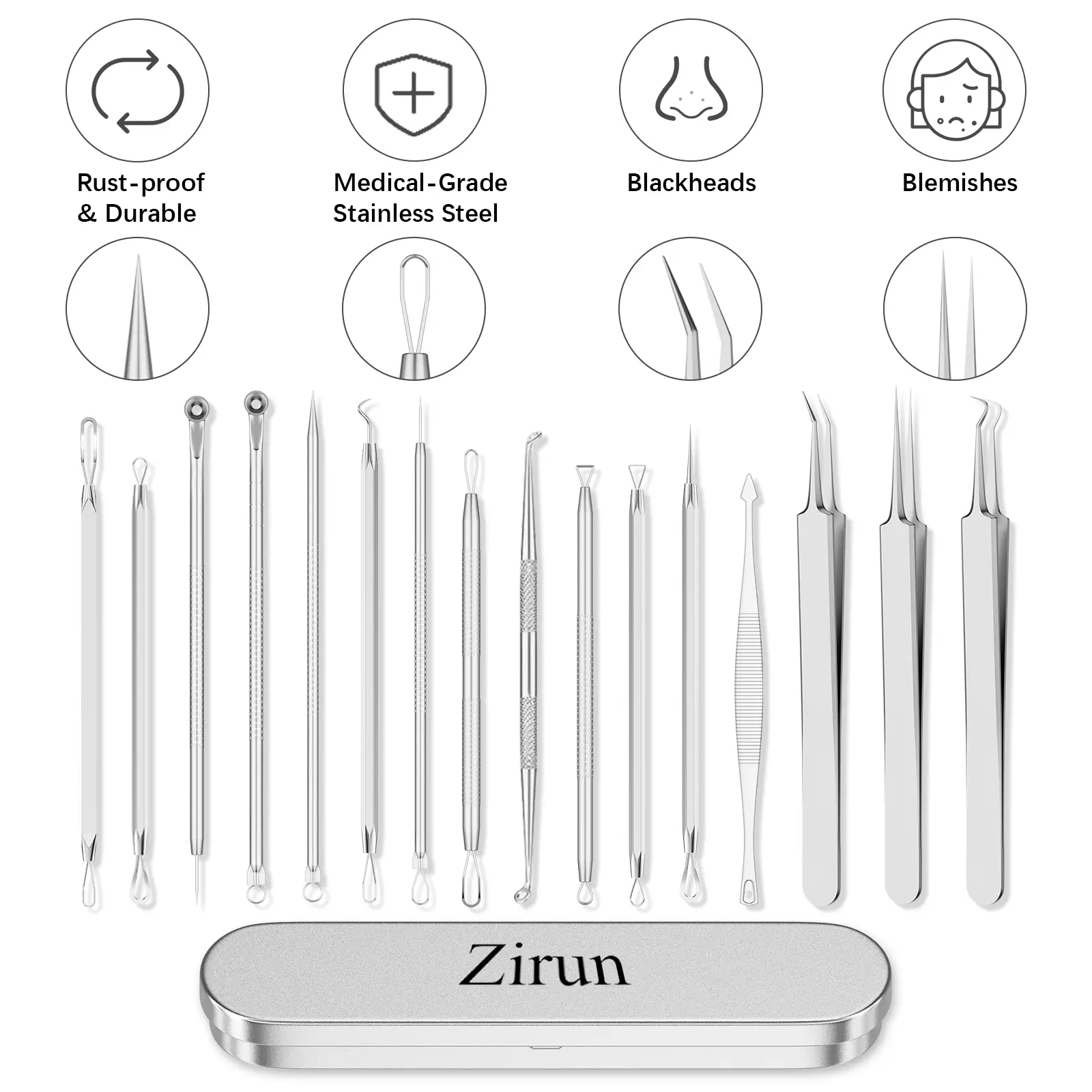 (zirun) Blackhead Removal Tools - 15 Pieces Acne Blackhead Tools, Facial Pore Cleansing, 401 Premium Professional Stainless Steel Acne Pimple Extracto