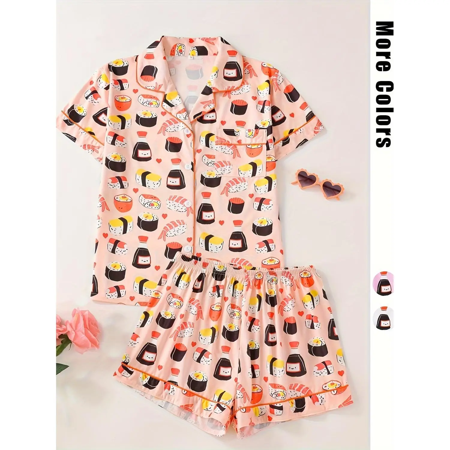 Women's Cartoon Sushi Print Pajama Set, Collared Button-Up Short-Sleeve Top and Loose Comfortable Shorts, Casual Sleepwear