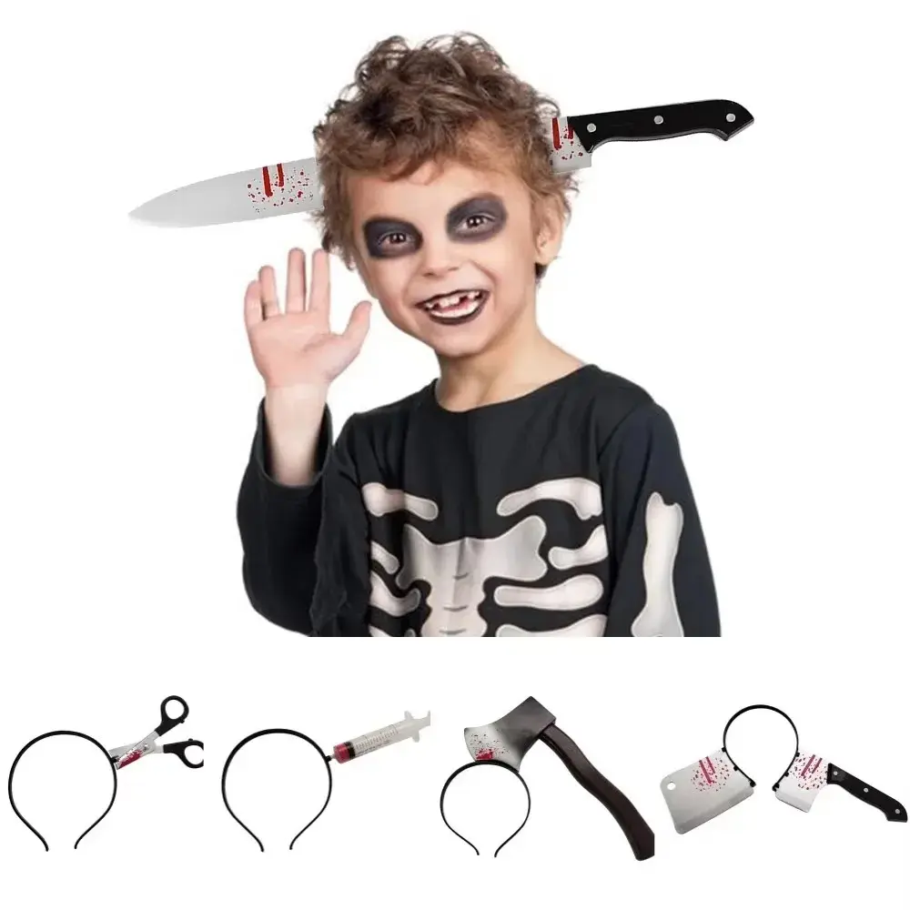 Halloween Headband Hair Accessory Prank Fake Head Axe Headband with Costume Parties 3D Sharp Kitchen Knife Head Hair Accessory