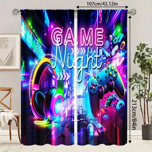 Cyberpunk Game Theme Digital Print Polyester Curtains, Neon Gaming Elements, Game Night Drapes, Casual Bedroom Decor, Half Light Blocking, Home Decoration Curtain