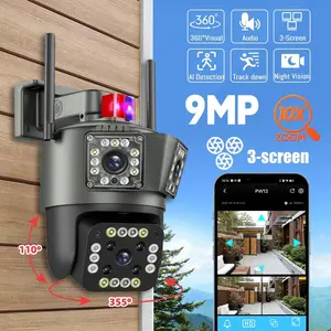 9MP WiFi Outdoor Camera Wireless Three Lens Security Protection Surveillance Camera Auto Tracking Cam,360° PTZ Camera Auto Tracking Street Surveillance Camera ICsee,Home Two-way Voice,Waterproof,Best Gift