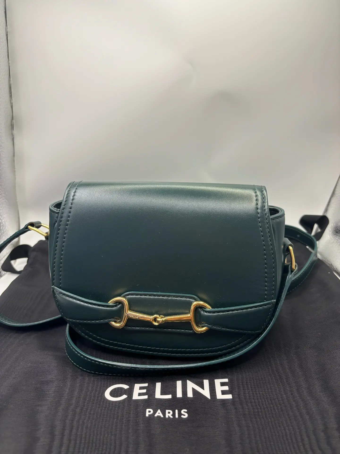 Pre-owned Celine Crecy Small Saddle Crossbody Handbag Dark Green Calfskin Leather, Gold Hardware, 2019 Date Code, Includes Dust Bag, Shoulder Bags, Purses, Purses Crossbody Bag, Crecy Small Saddle Bag