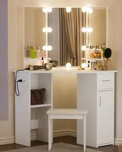 Corner Vanity Desk with Mirror and Lights, Bedroom Makeup Vanity Table with Lighted Mirror Sliding Drawers & Storage Cabinet, Charging Station 3 Color Adjustable Vanitys for Girls Women - White