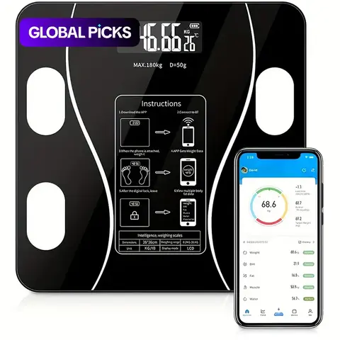Smart Digital Weight Scale, Wireless Body Composition Scale with LED Display, Body Fat Analyzer with Smartphone App (Battery Required, Battery Not Included), Valentine's Day Gift #GLOBAL PICKS