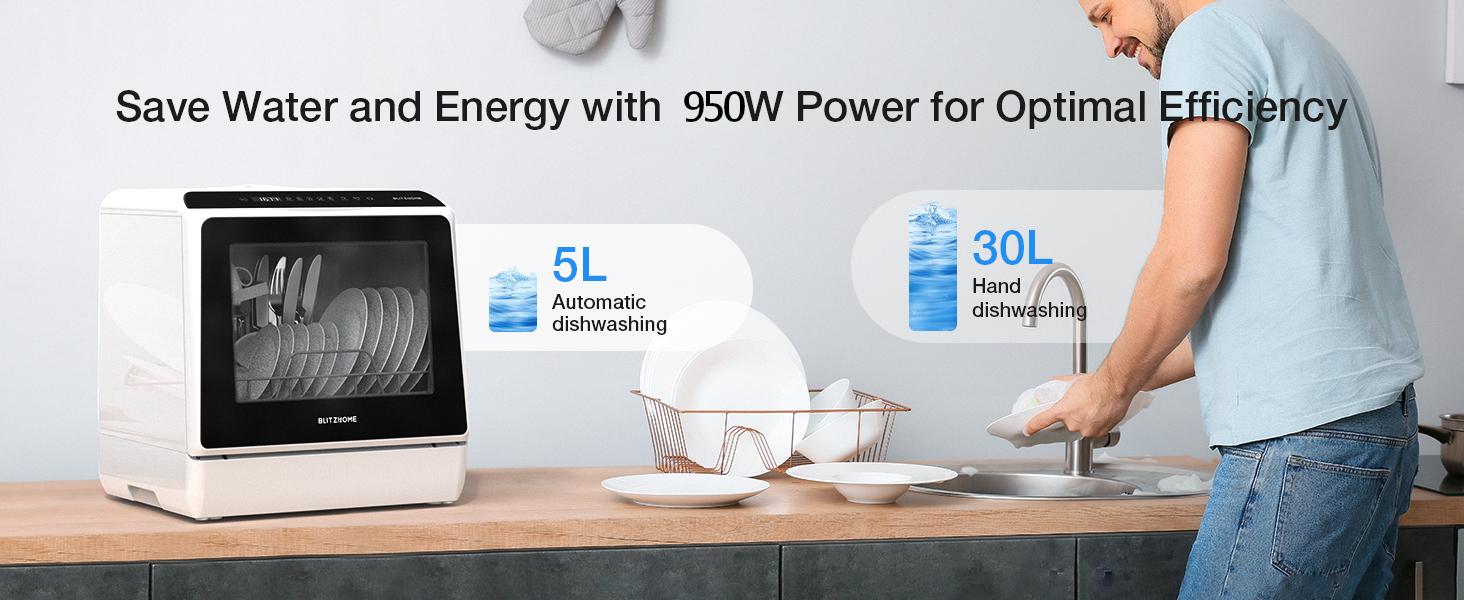 Countertop Dishwasher, BLITZHOME WiFi Smart App Control 6 Programs Portable Mini Dishwasher with 5L Built-in Water Tank, 360° Dual Spray, High-Temp & Dry, Delay Start Function, Compact Tabletop Dishwashers for Kitchen, Apartment, Camping, RV