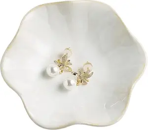 Jewelry Dish Tray, Ring Dish, Ceramic Trinket Tray, Key Bowl, Decorative Plate, for Friends Sisters Daughter Mother (Milky White)