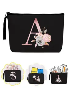 Floral Pattern Portable Makeup Bag, Initial Letter Print Cosmetic Bag, Canvas Cosmetic Organizer Pouch, Makeup Bag for Travel, Travel Essentials, Makeup Storage Bag