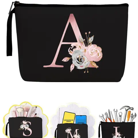 Floral Pattern Portable Makeup Bag, Initial Letter Print Cosmetic Bag, Canvas Cosmetic Organizer Pouch, Canvas Beauty Bag, Makeup Bag for Travel, Travel Essentials, Makeup Storage Bag, Cosmetic Travel Bags, Cosmetics Bag