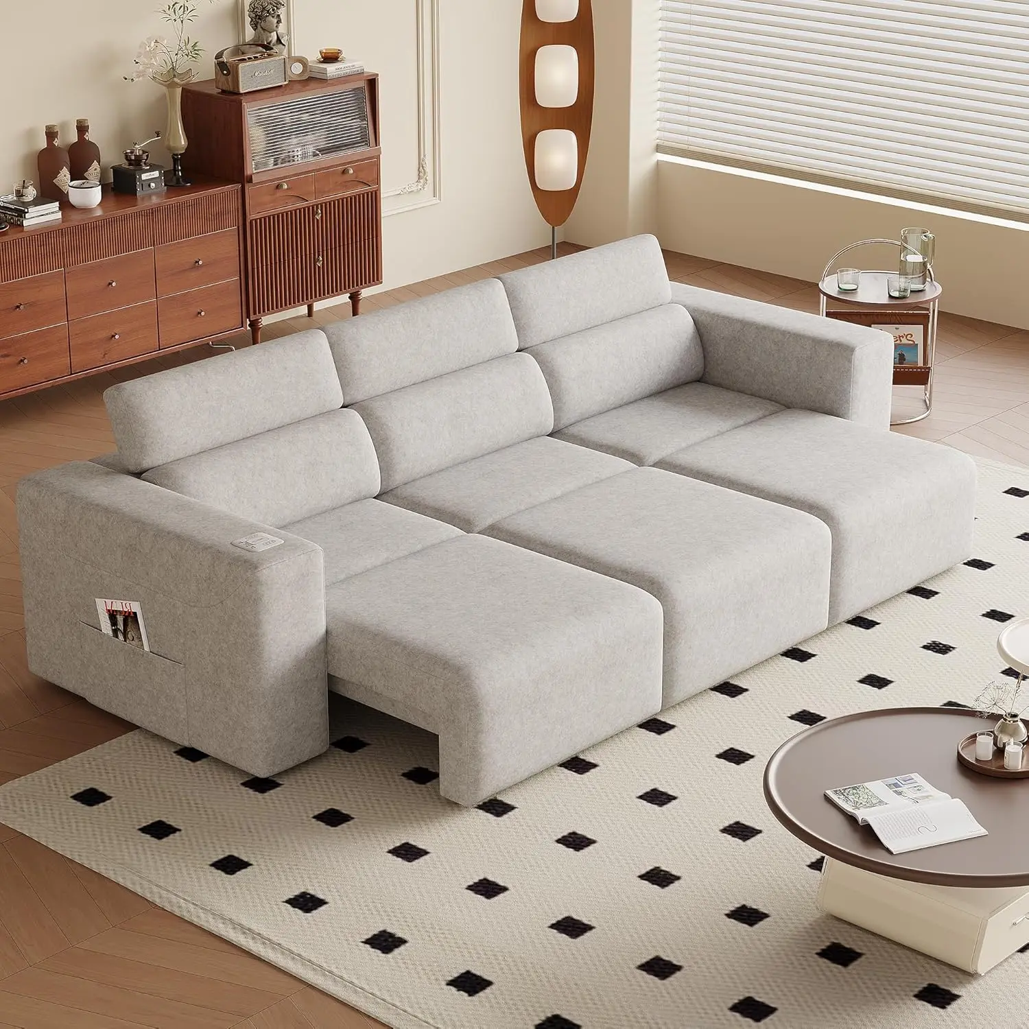 122-in Sturdy Fixed-Arm Recliner Sectional Sofa - 1/3-Seat Sync Recline, Adjustable Headrests, Wireless Charging, USB-C, Ambient LED, Bluetooth Speakers, Hands-Free Music Control, Waterproof Fabric, Assembly Required, Grey - Ideal for Movies & Relaxation,