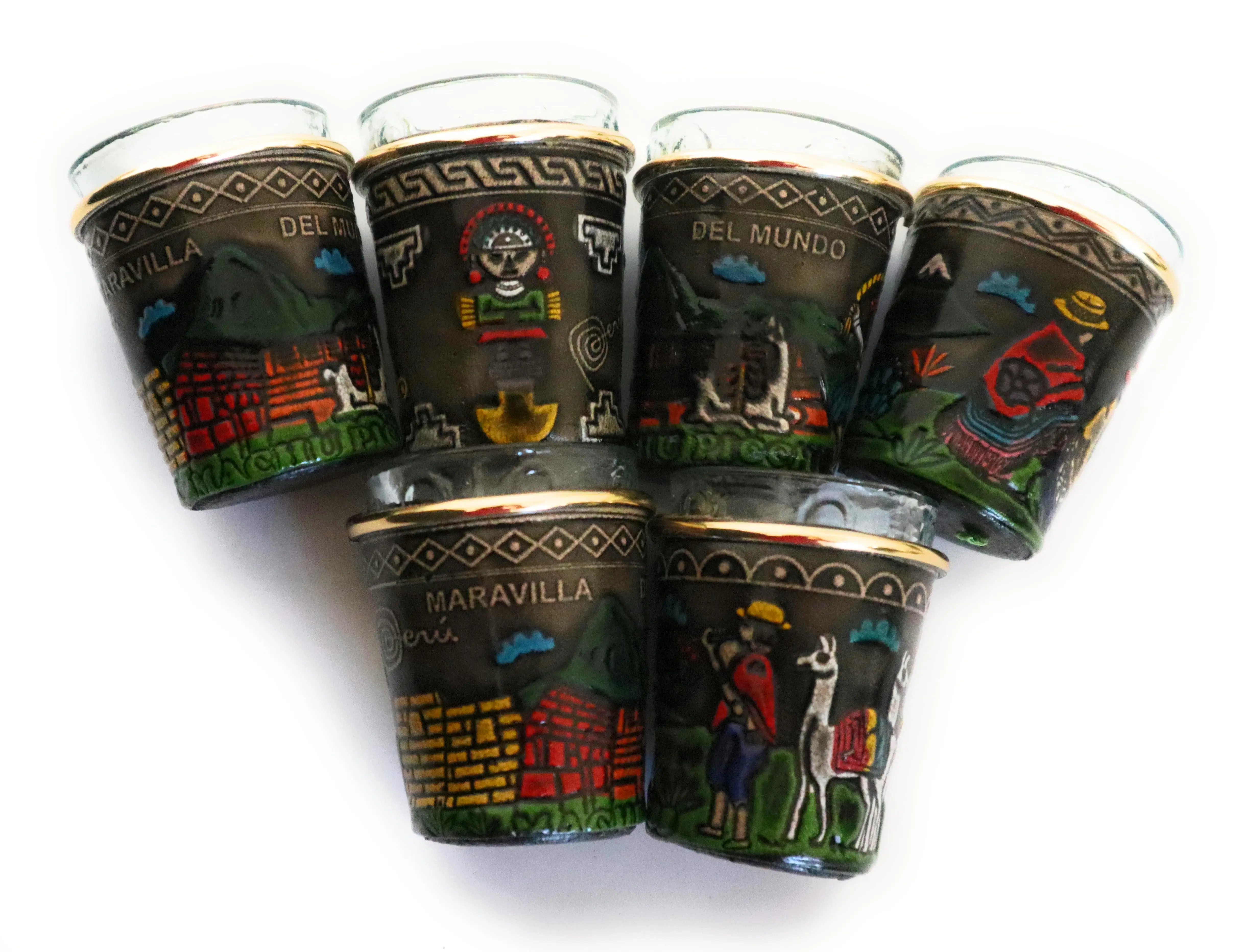Tooled Leather Shot Glasses Inca Culture Peruvian Style Set of 6 pieces