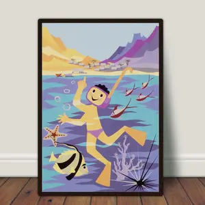 Boys Room Decor Poster No Framed, Snorkeling Print, Fish Wall Art, Vintage Wall Art, Nautical Wall Decor, Water Sports, Large Art