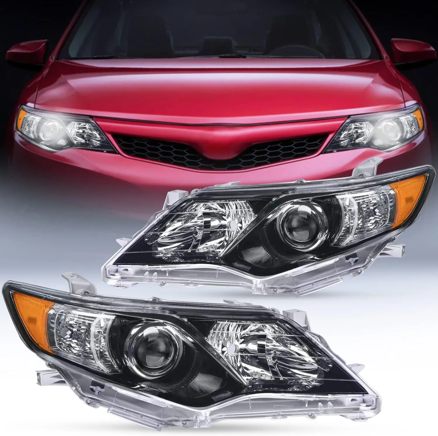 Nilight Headlight Assembly for 2012 2013 2014 Toyota Camry L/LE/XLE/Hybrid LE XLE Headlamps Replacement Black Housing Amber Reflector Driver and Passenger Side Halogen Bulb, Car Headlights