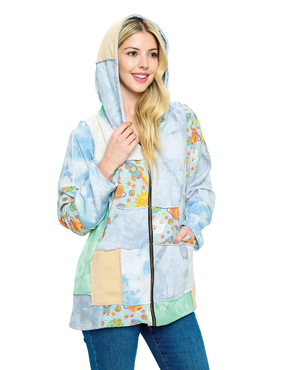Colorful Patchwork Hooded Jacket with Zipper Closure and Pockets for Women