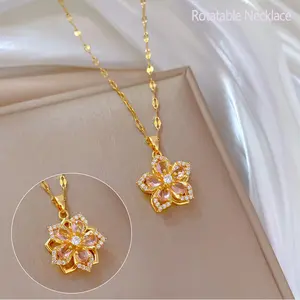 Creative Rotatable Pink Flower Necklace For Women Titanium Steel Rotatable Spinner Clavicle Choker Anti Stress Anxiety Jewelry