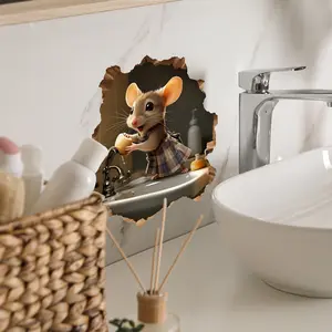 A 3D hole toilet sticker with a mouse and faucet design, suitable for bathroom toilet and bathroom decoration, self-adhesive, Bathroom Accessory, MS3305-YL