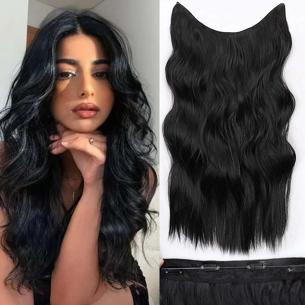 Missqueen Invisible Fishing Wire Hair Extensions with Transparent Headband Adjustable Size Easy to Wear 4 Safety Clips Black Long Wavy Wig 20 Inch Women's Increased Hair Volume Suitable for Daily Party Christmas