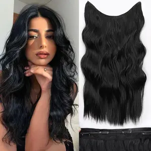 Missqueen Invisible Fishing Wire Hair Extensions with Transparent Headband Adjustable Size Easy to Wear 4 Safety Clips Black Long Wavy Wig 20 Inch Women's Increased Hair Volume Suitable for Daily Party Christmas