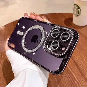 Bling diamond matte magnetic case for iPhone 16 pro max 15 14 13 12 11 plus compatible with MagSafe, lens film protector cover luxury flash pretty pink clear cellphone casing shockproof drop dust proof Protection Protective Phonecase