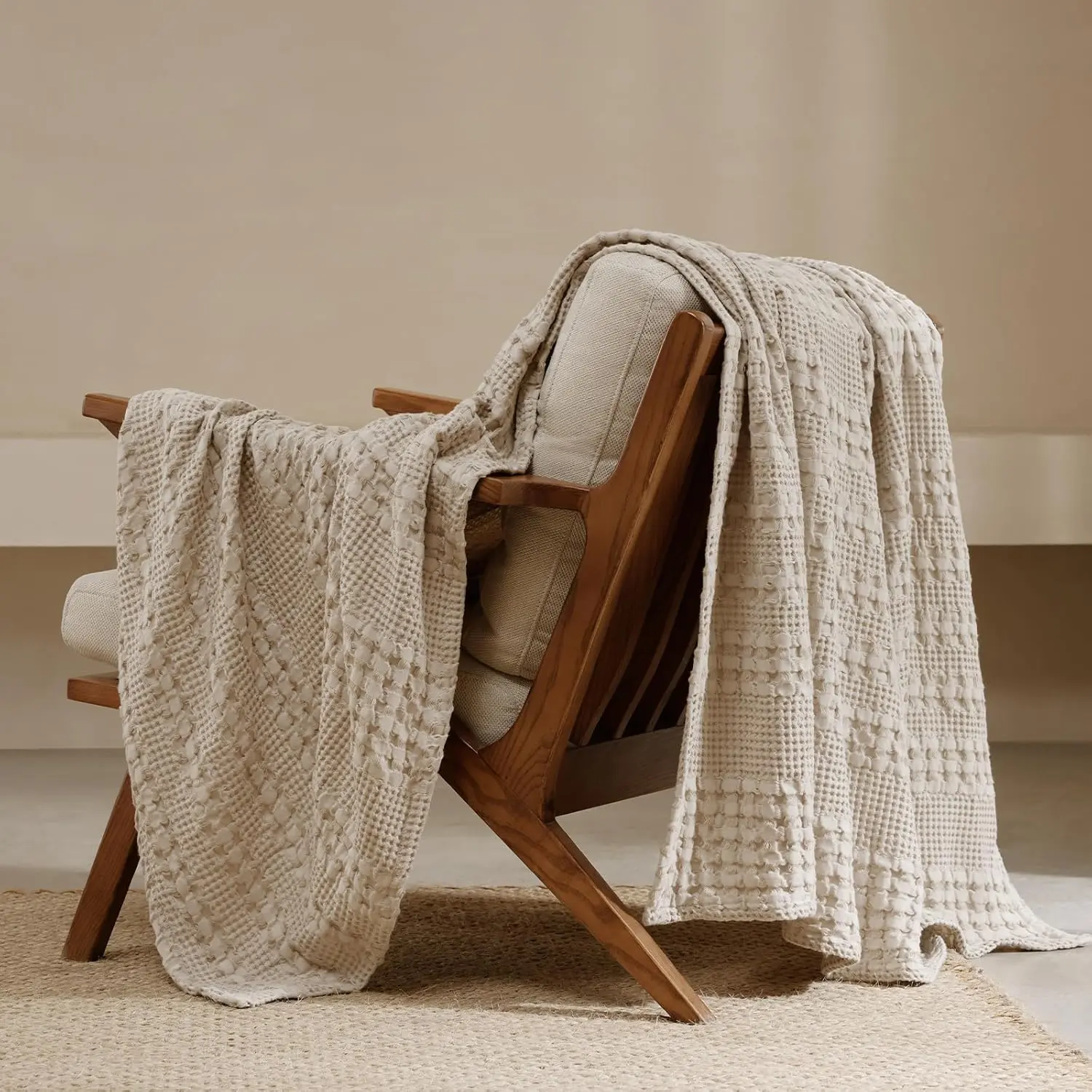 100% Cotton Waffle Weave Throw Blanket, Soft Lightweight Breathable Cozy Throws for Couch Bed Sofa, Luxury Blanket Gift for Home Decor & Office, 50"x60", Light Taupe/Oatmeal