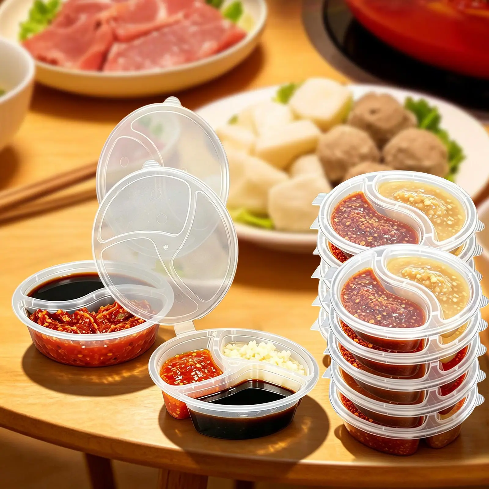 100-Set Transparent Reusable Leak-Proof Plastic Condiment Cups Party Pack - 2-Layer or 3-Layer Options, Portion Control Seasoning & Food Storage Containers for Restaurants Disposable