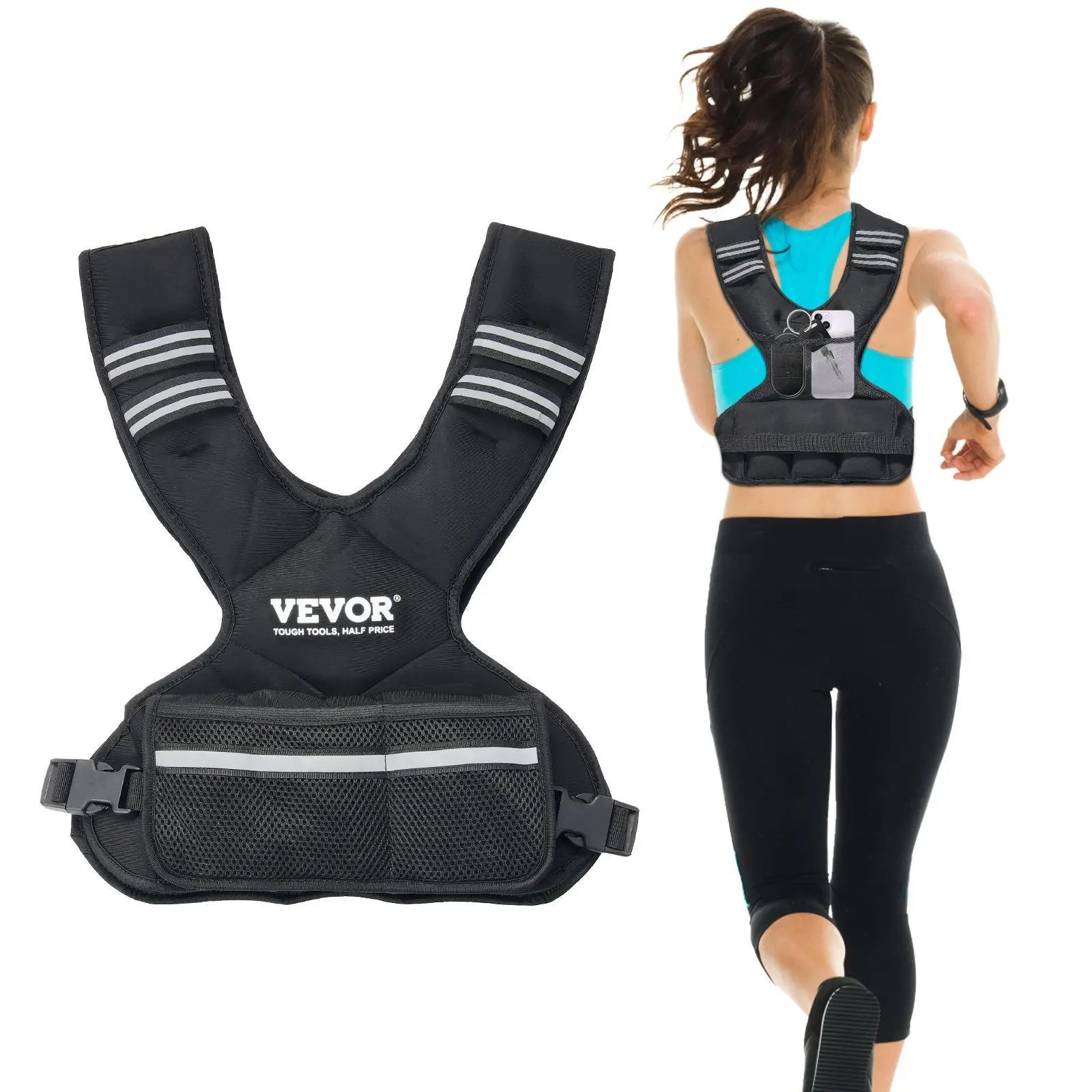 VEVOR Unisex Adjustable Weighted Vest, 11-20lb Set with 6 Iron Sand Weights, Reflective Stripe, Breathable Mesh Pockets, Strength Training Workout Equipment for Running#SohoChic, Weighted Vests for Women