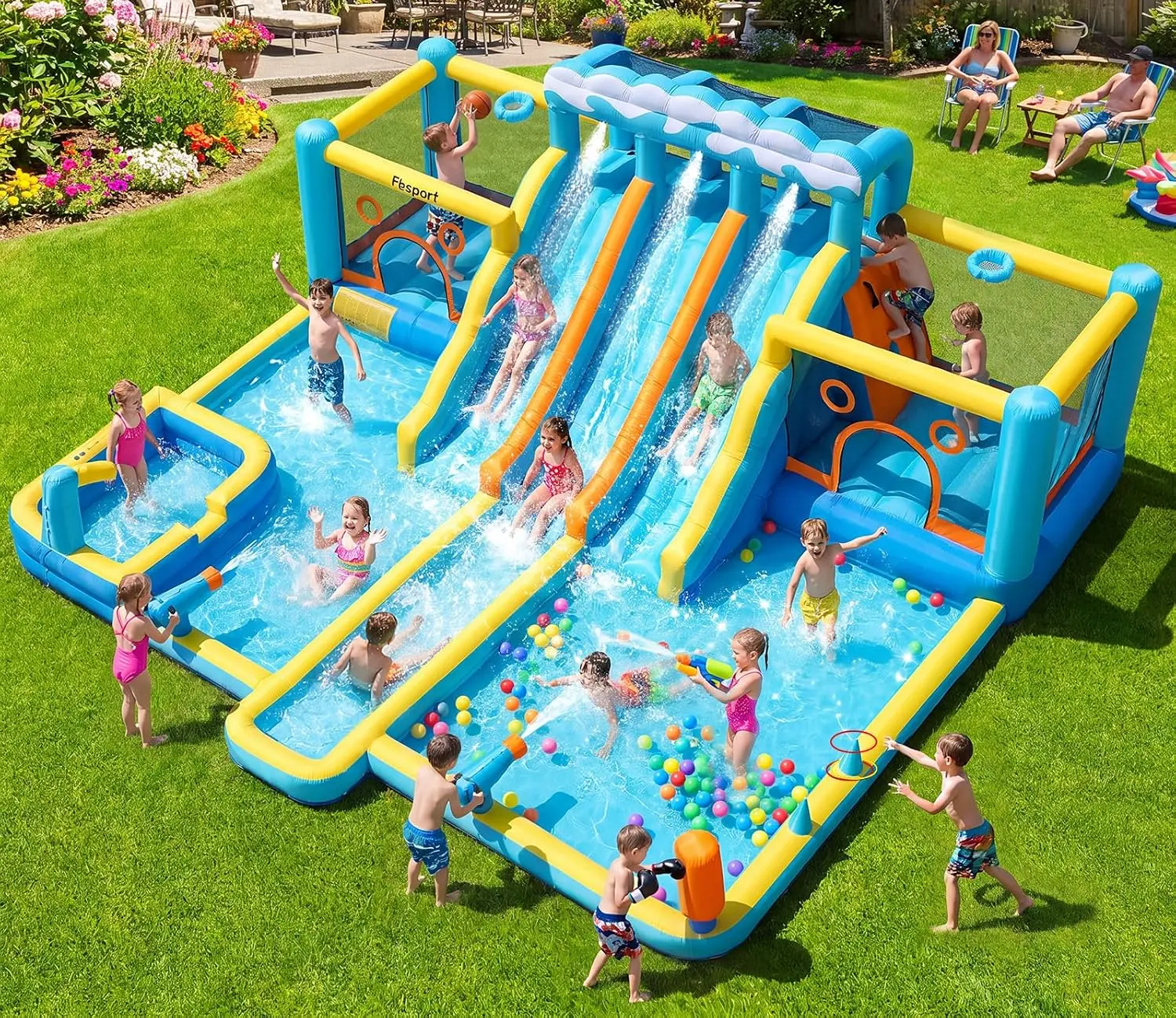 KYT Bounce House Water Slide, 3 Slides 2 Bouncers for Kids Backyard | 10-in-1 Water Park Inflatable Bouncy Castle Outdoor Indoor Play, 950W Blower for Easy Setup, Safe & Durable, Summer Splash