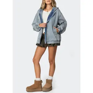 Women’s Oversized Denim Jacket with Tie Waist and Hood — Casual Blue