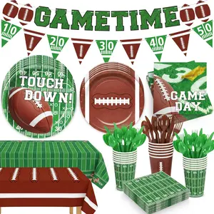 196PCS Football Party Decorations Supplies Serves 24, Disposable Football Paper Plates Napkins Cups Banner Tablecloth Tableware Set for Themed Game Bowl Gameday Birthday Party Decorations Favors