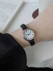 Hong Kong Retro Roman Quartz Leather Strap Watch for Women, Elegant Minimalist Wristwatch, High-Quality Student Style, Fashionable Stone Watch