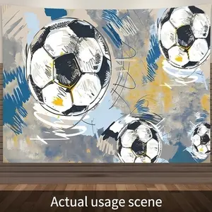 1 PC 2D Flat Banner Backdrop, Soccer Football Sketch Art Style Photography Background for Sports Theme Party Decor, Vibrant Blue Yellow Gray Abstract Design