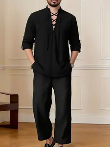Men's Summer Linen Set, Tie Neck Long Sleeve Shirt & Loose Pants, Breathable Comfort Fabric for Daily Wear, Sports, Travel