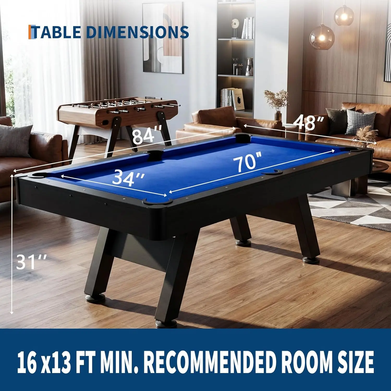 7ft Black Wood Billiards Table – Complete Pool Set with Cues, Balls, Triangle, Chalk, Brush – Ideal for Home, Game Room, Basement, Apartment, Recreation Space