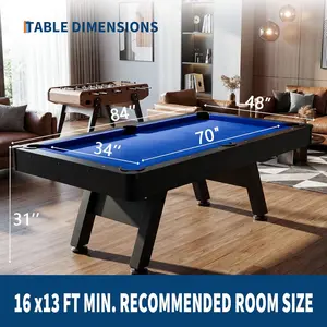 7ft Black Wood Billiards Table – Complete Pool Set with Cues, Balls, Triangle, Chalk, Brush – Ideal for Home, Game Room, Basement, Apartment, Recreation Space