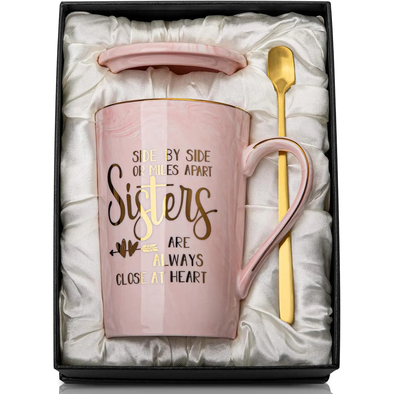 Sister Birthday Gifts - Mothers Day Birthday Gifts for Sister from Brother Sisters, 14Oz Pink Marble Ceramic Coffee Cup with Gold Print Coffee Mug with Spoon Lid Card Nice Box