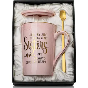 Sister Birthday Gifts - Mothers Day Birthday Gifts for Sister from Brother Sisters, 14Oz Pink Marble Ceramic Coffee Cup with Gold Print Coffee Mug with Spoon Lid Card Nice Box