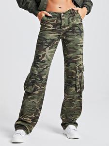 women's camo print pocket cargo pants, casual street loose button straight leg trousers for daily wear, ladies bottoms for all seasons, womenswear