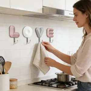Luxury LOVE Letter Hooks, Punch-Free Adhesive Wall Hooks for Dorm Bedroom Bathroom Kitchen, Cute Decorative Sticky Hooks for Keys Bags CoatsLight luxury plastic letter hooks design, perfect for home decor -RR