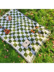 1pc Of French-Style Square Green Matcha Picnic Mat With Tassels,Outdoor Blanket, 130X180CM Foldable Blankets Gingham Picnic Mat For Beach, Camping Grass Lawn Park Accessories Cute Couple Gifts Ideas Wedding Registry|Green Matcha]
