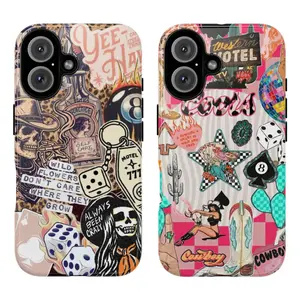 This Western-style retro patchwork phone case features a cowboy hat, boots, a fire dice, an 8-ball, a motel key, a disco ball, a cactus, and stars, exuding a rustic American charm. Compatible with iPhone 17/16/15/14/13/12/11 and Samsung Galaxy S21-S25.