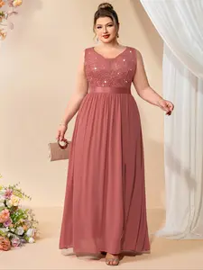 MISSMAY YP54225 Plus Deep V Neck Sparkly Sequin Floral Lace Chiffon Sleeveless Formal Party Maxi Dress