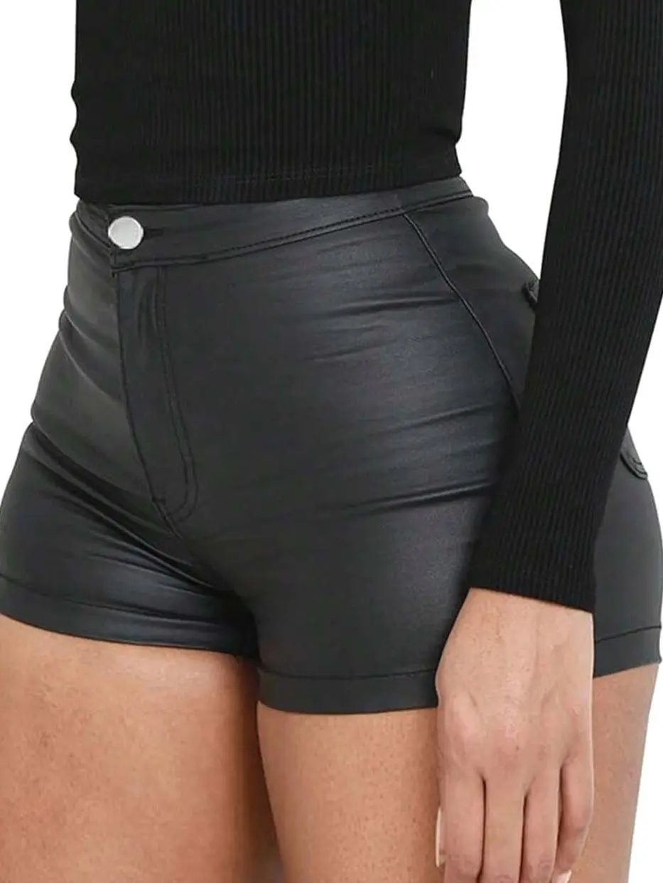 Women's High Waisted Faux Leather Shorts - Tummy Control Body Shaping Stretch Booty Lift Hot Pants