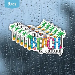 5Pcs "The Beach Is Calling" Tropical Floral Waterproof Vinyl Sticker, Summer Beach Palm Tree Self-Adhesive Decal, Suitable For Water Bottles, Laptops, Journals, Ideal For Beach Lovers, Tropical Summer Fans And Vacation Vibe Enthusiasts