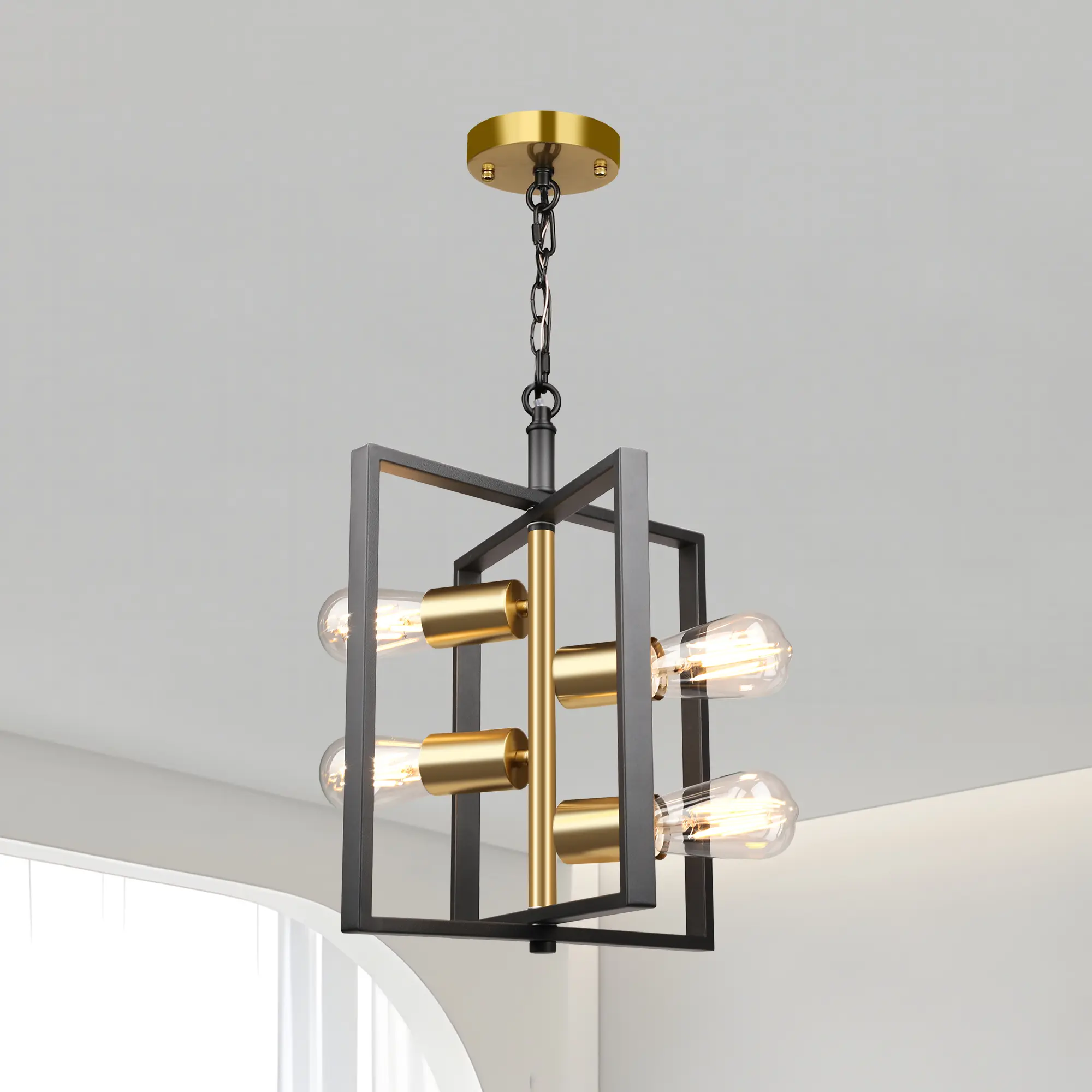 Modern Industrial 4-Light Chandelier, Black Metal Cage with Gold Accents, Adjustable Chain Pendant Light for Kitchen Island, Dining Room, Entryway