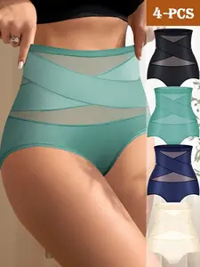 Women's High Waist Shapewear Pants Set, Smooth Mesh Lace Contrast Underwear, Anti-Slip Bone Design, Plain Color, Butt Lifting Belly Control, Elegance, Womenswear