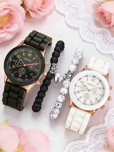 Elegant Fashion Casual Couple Quartz Watch Set with Bracelet, Perfect Gift for Daily Holidays Birthdays Christmas, 4pcs Matching Watches